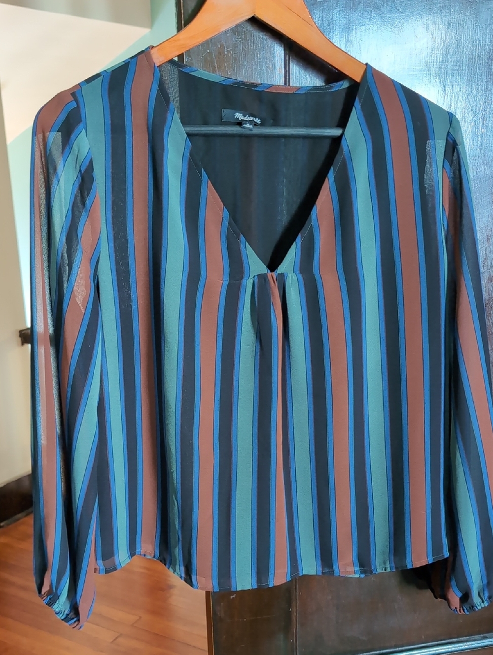 Madewell Multicolor Vertical Stripe V-Neck Blouse - Teal, Rust, Navy, Black